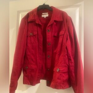 Red cotton, light denim, jacket from Jones New York.